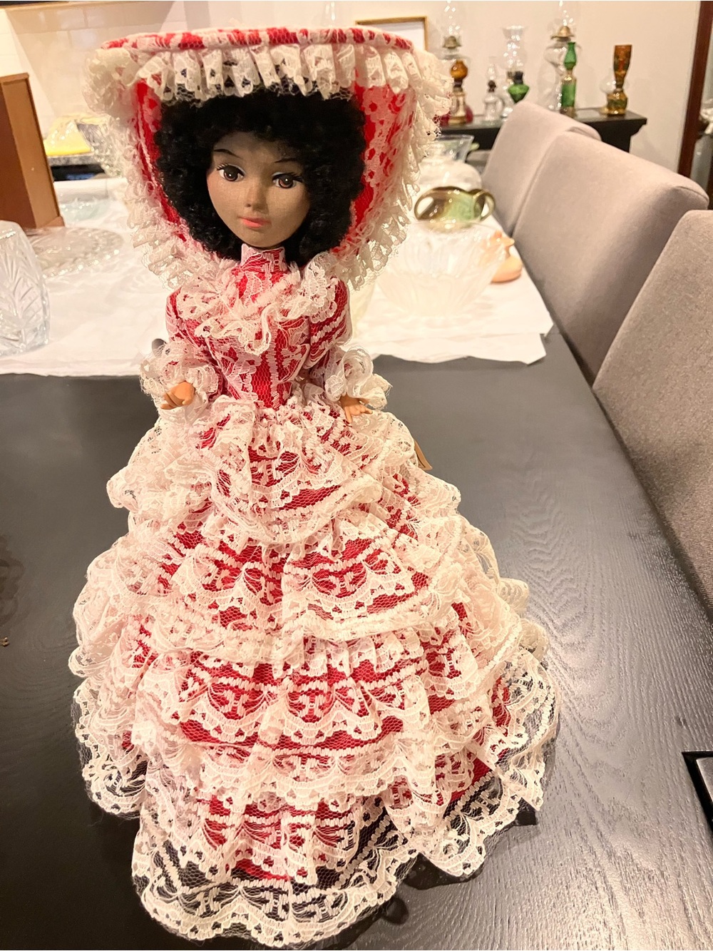 Red & White Lace Fashion Doll in Victorian-Style Gown